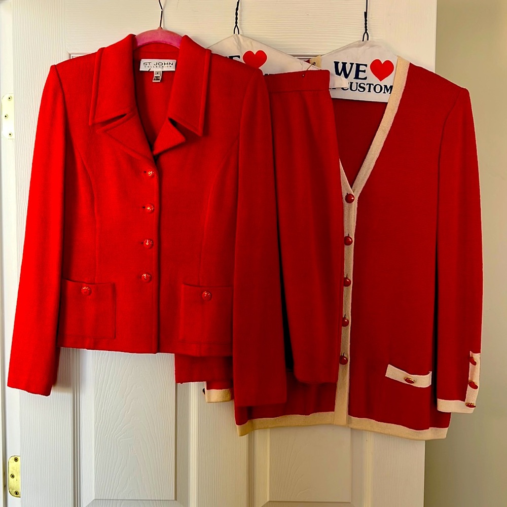 St John knit suit jacket, cardigan and skirt in deep coral/poppy